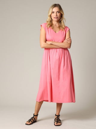 Robe longueur midi à manches courtes avec col V et taille froncée 'Deeluxe'