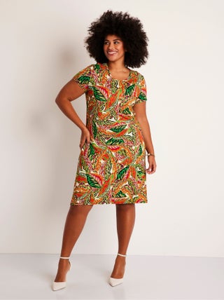 Robe maille courte droite motif feuillage