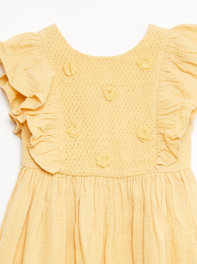 Robe manches courtes avec broderies au col en coton Beige - Kiabi