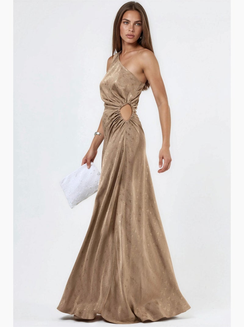 Robe maxi à col asymétrique et motifs hiccup Camel - Kiabi