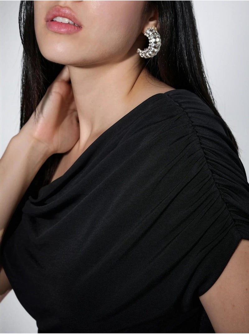 Robe maxi cintrée à col asymétrique Noir - Kiabi