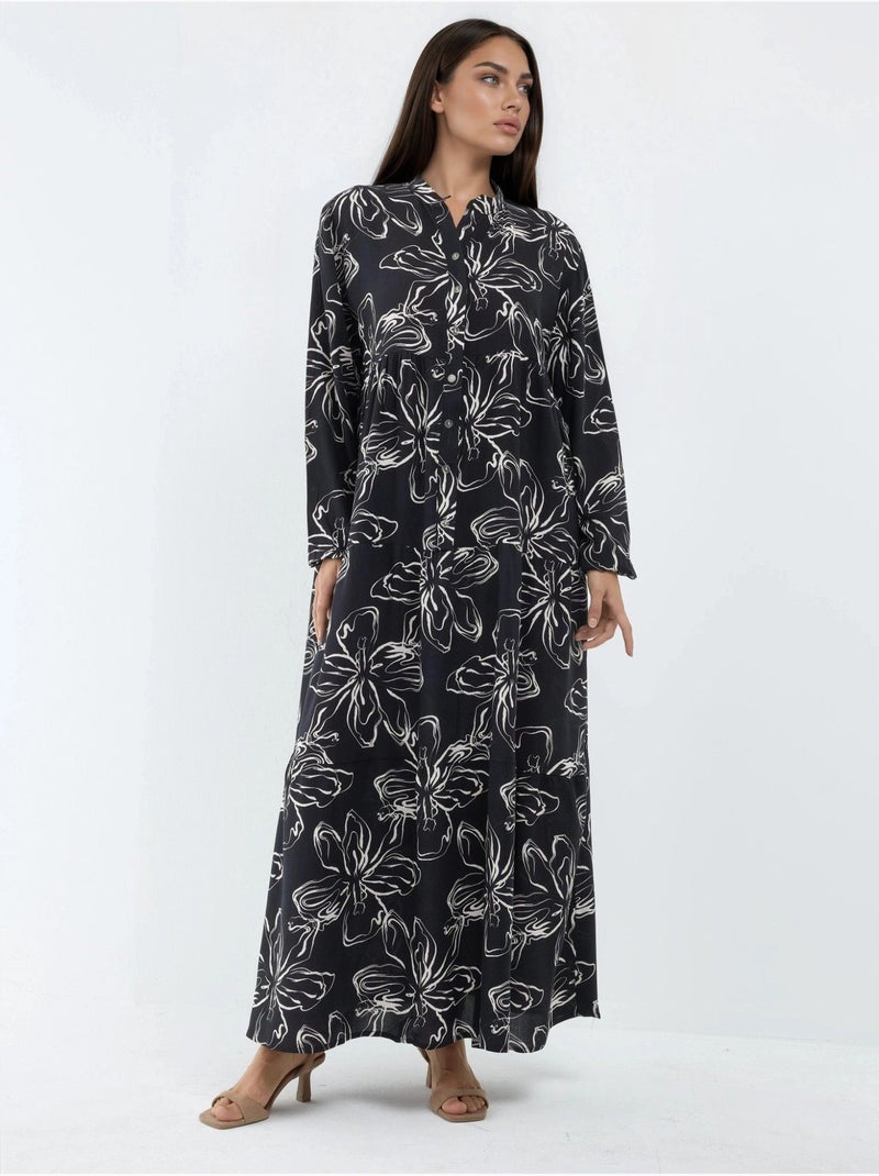 Robe maxi confortable à col v et boutons Noir - Kiabi