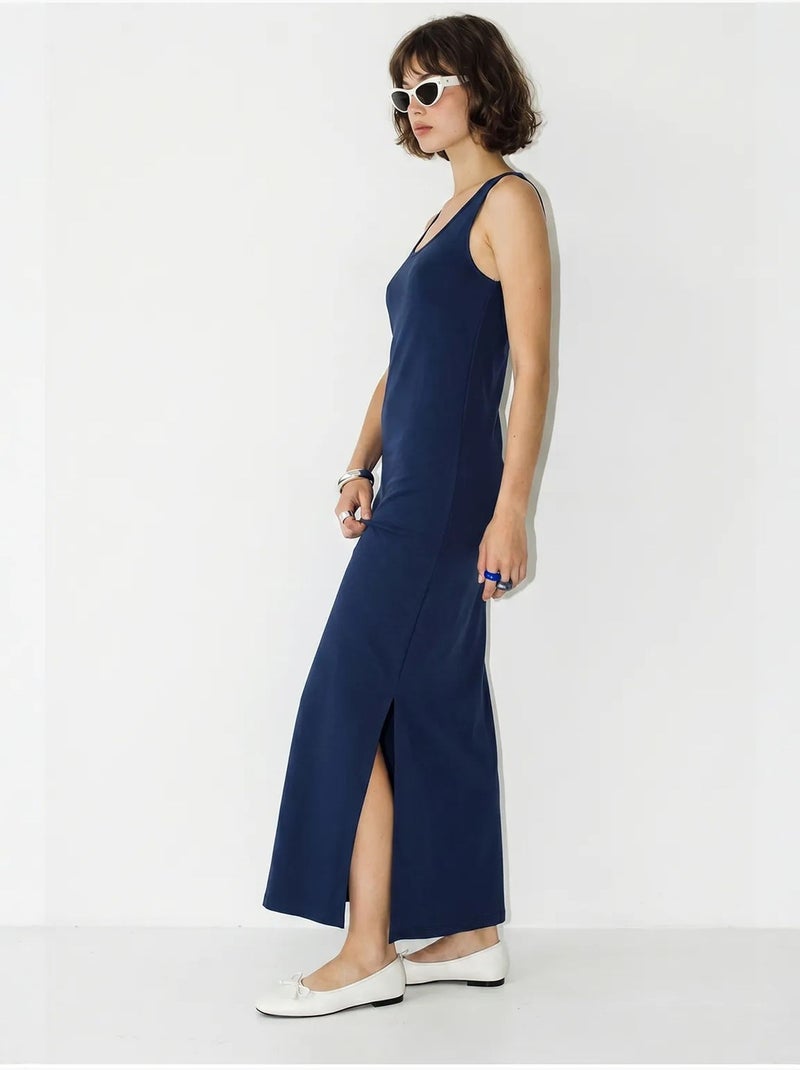 Robe maxi droite sans manches à fente lucci Bleu marine - Kiabi
