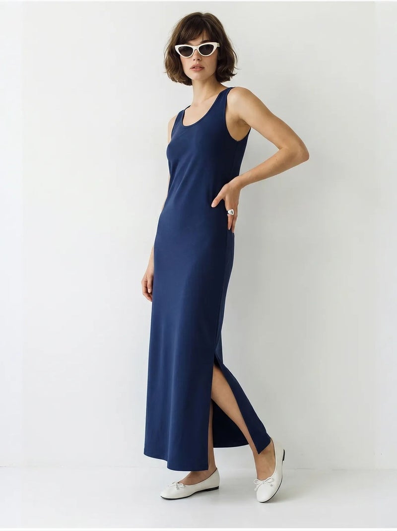 Robe maxi droite sans manches à fente lucci Bleu marine - Kiabi