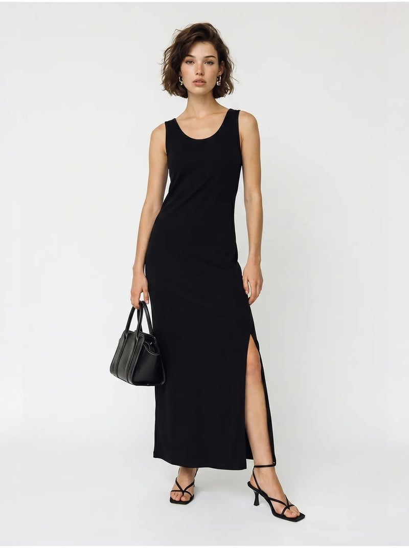 Robe maxi droite sans manches à fente lucci Noir - Kiabi