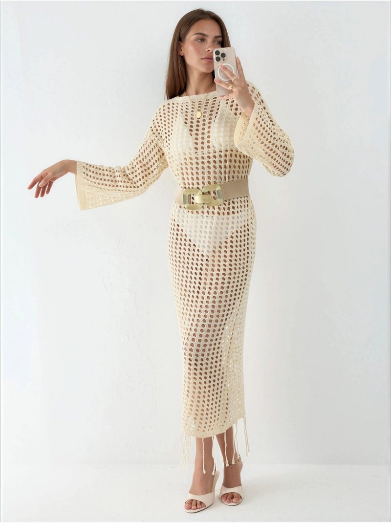 Robe maxi oversize en maille à encolure bateau Beige - Kiabi