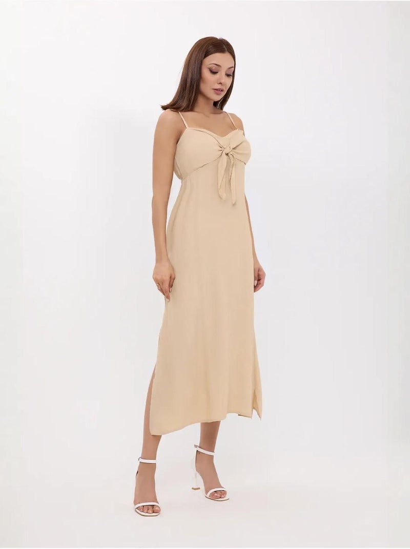 Robe mi-longue à bretelles spaghetti nouées sur le devant Beige naturel - Kiabi