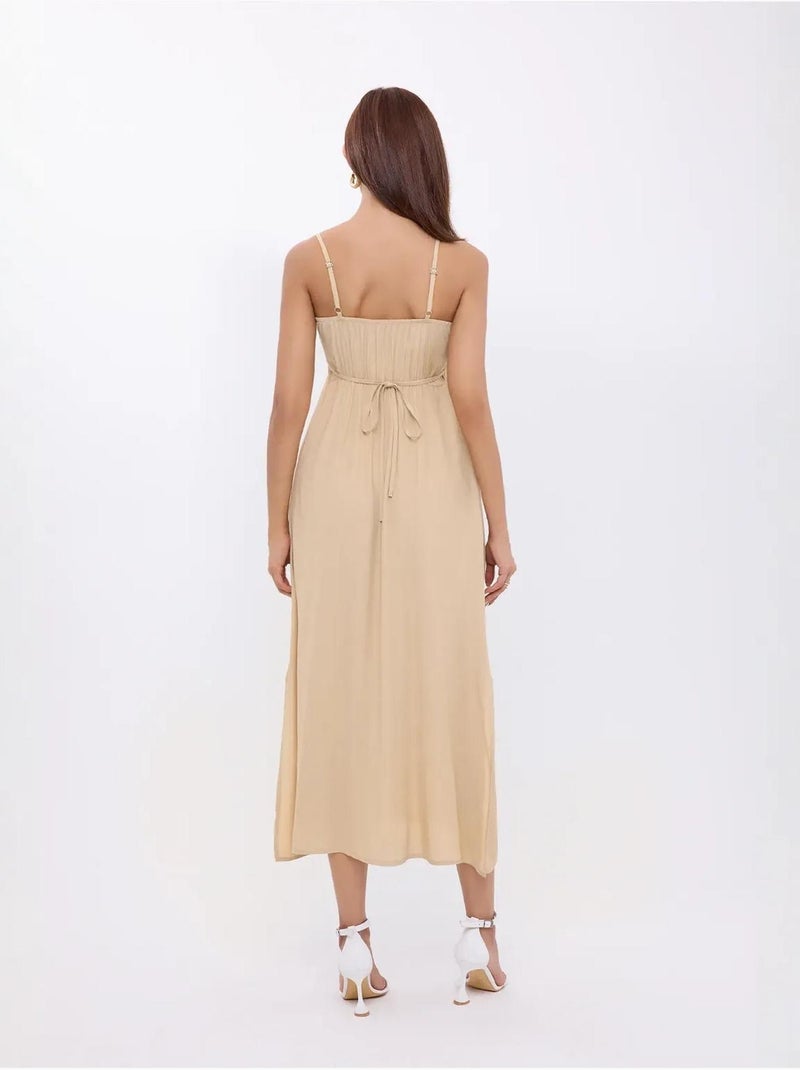 Robe mi-longue à bretelles spaghetti nouées sur le devant Beige naturel - Kiabi