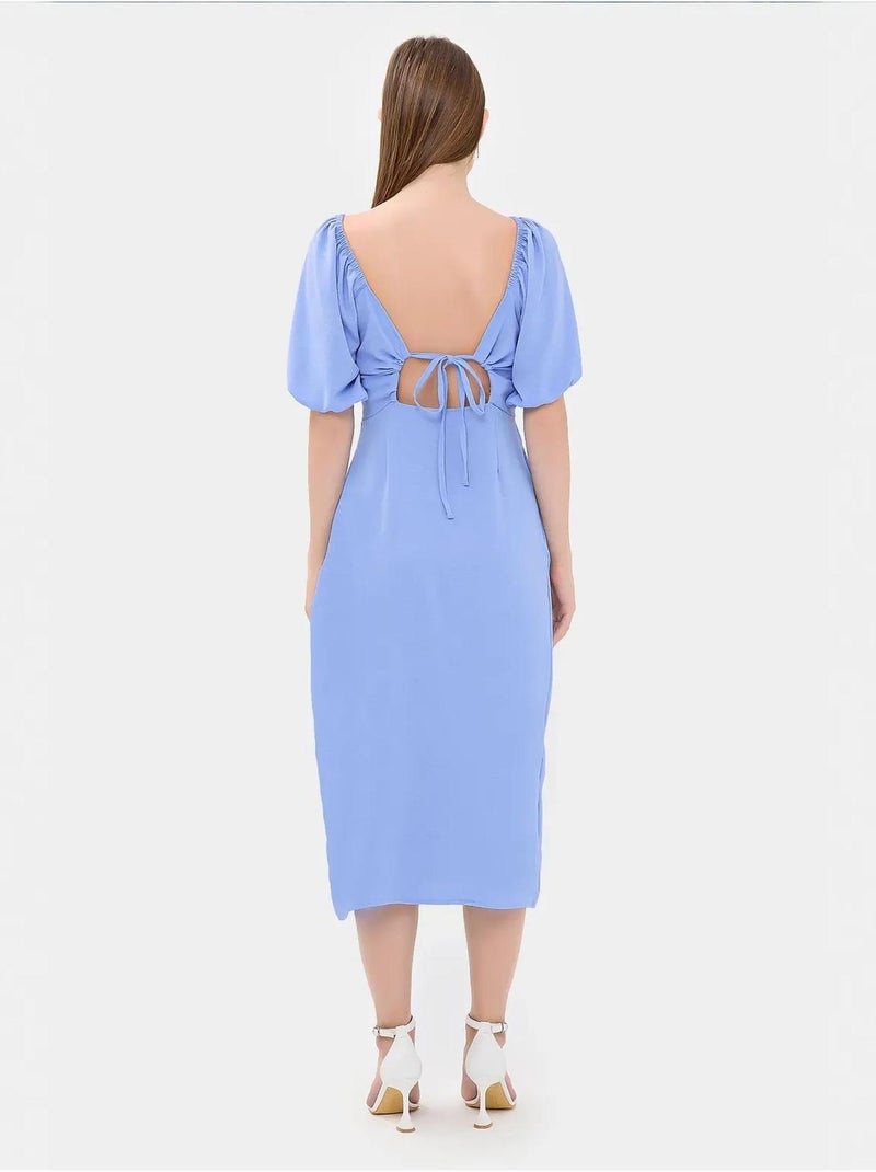 Robe mi-longue à col en cœur et fente latérale Bleu ciel - Kiabi