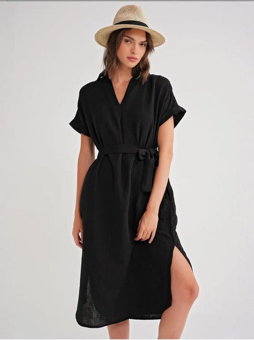 Robe mi-longue à col en v et détails accessoires mixray - Kiabi Robe mi-longue à col en v et détails accessoires mixray - Kiabi