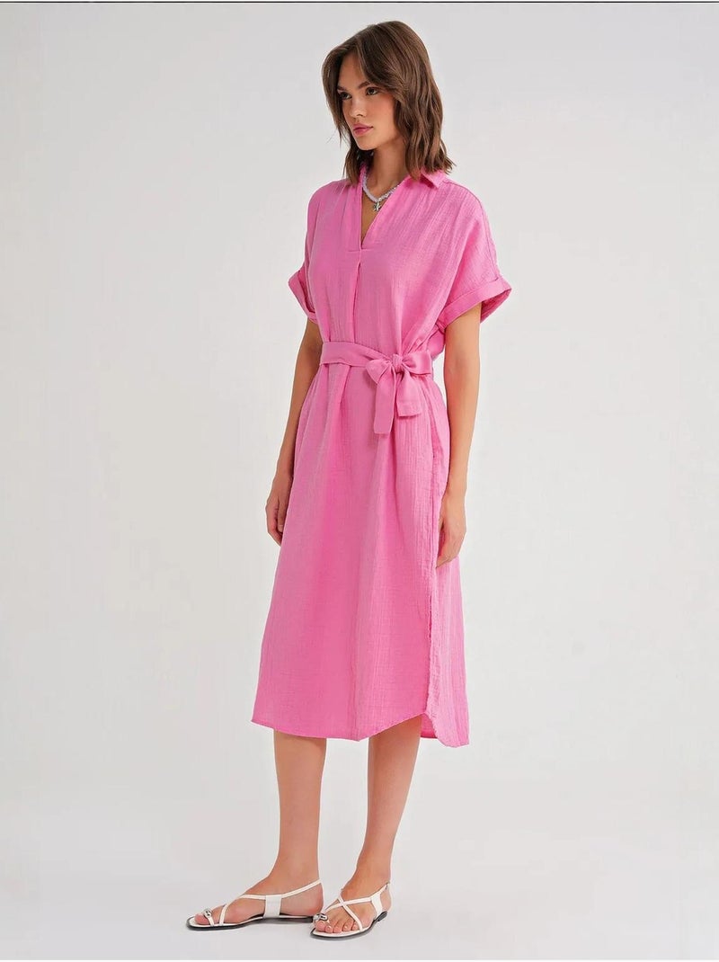 Robe mi-longue à col en v et détails accessoires mixray Rose fluo/Solinotes - Kiabi