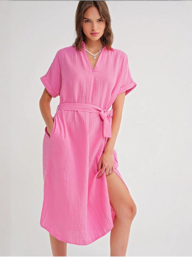 Robe mi-longue à col en v et détails accessoires mixray Rose fluo/Solinotes - Kiabi