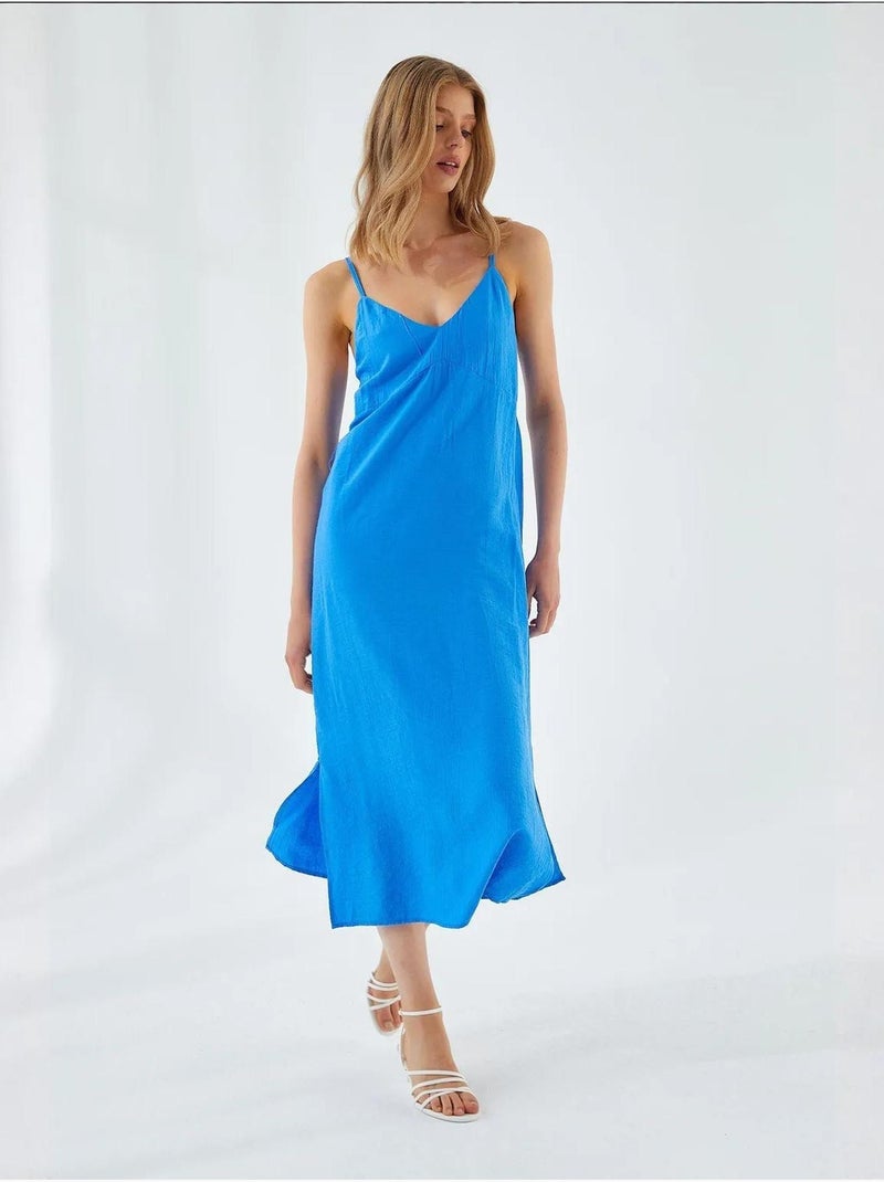 Robe mi-longue à col en v et fente mixray Bleu cobalt - Kiabi