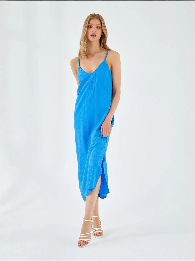 Robe mi-longue à col en v et fente mixray Bleu cobalt - Kiabi