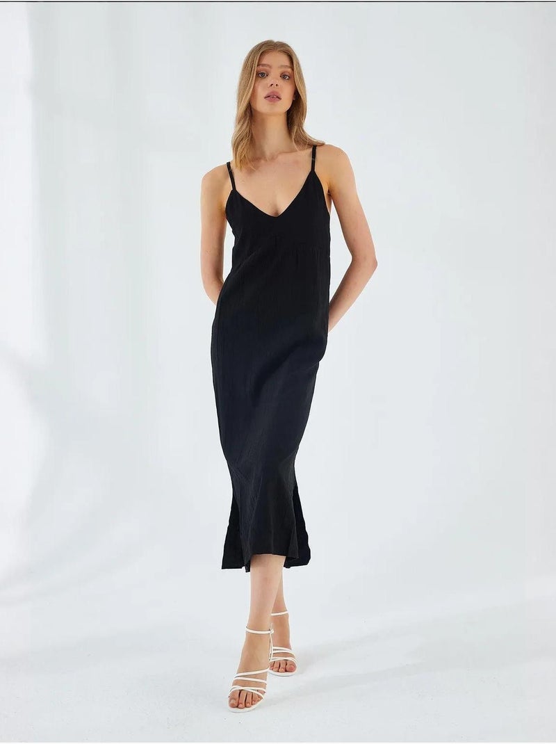 Robe mi-longue à col en v et fente mixray Noir - Kiabi