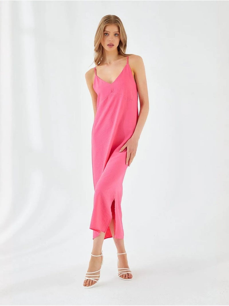 Robe mi-longue à col en v et fente mixray Rose fluo/Solinotes - Kiabi