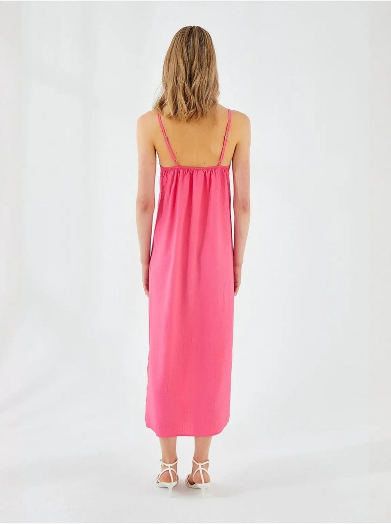 Robe mi-longue à col en v et fente mixray Rose fluo/Solinotes - Kiabi