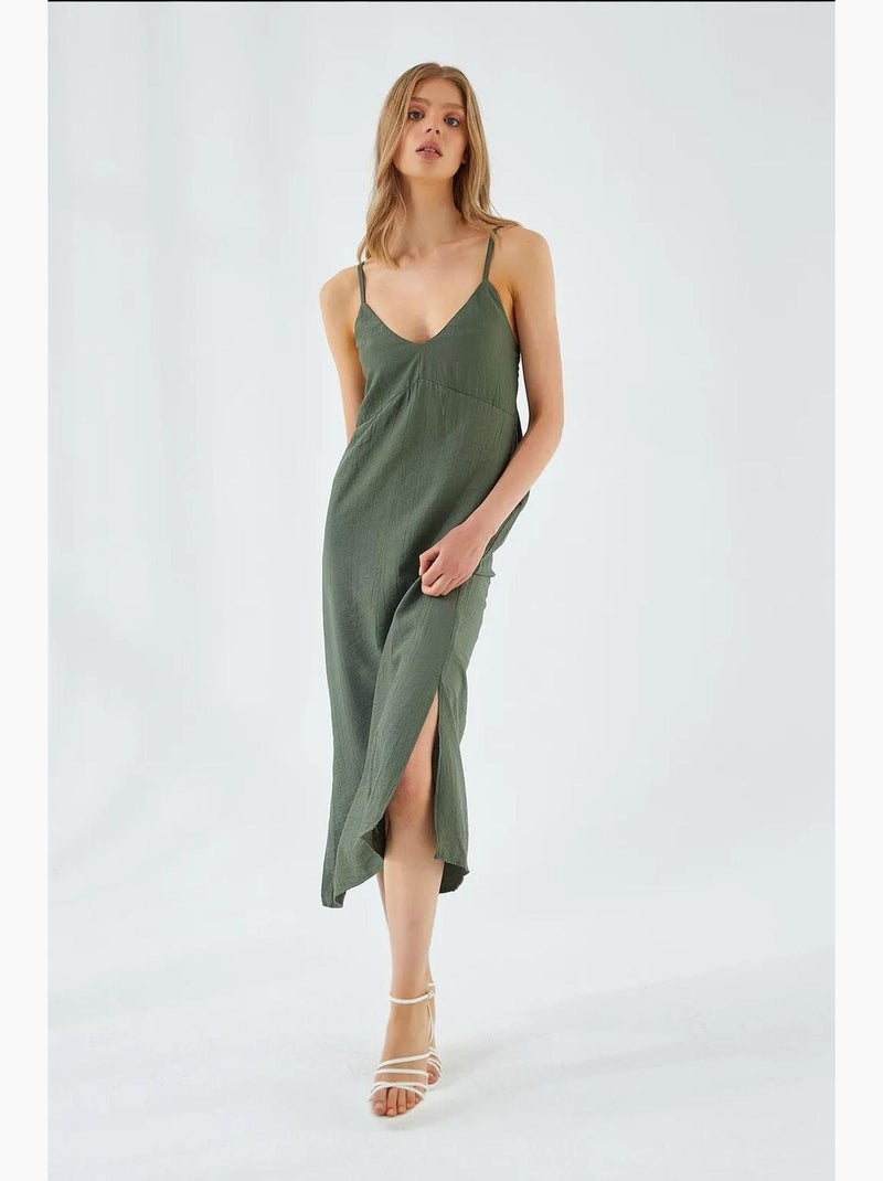 Robe mi-longue à col en v et fente mixray Vert foncé - Kiabi