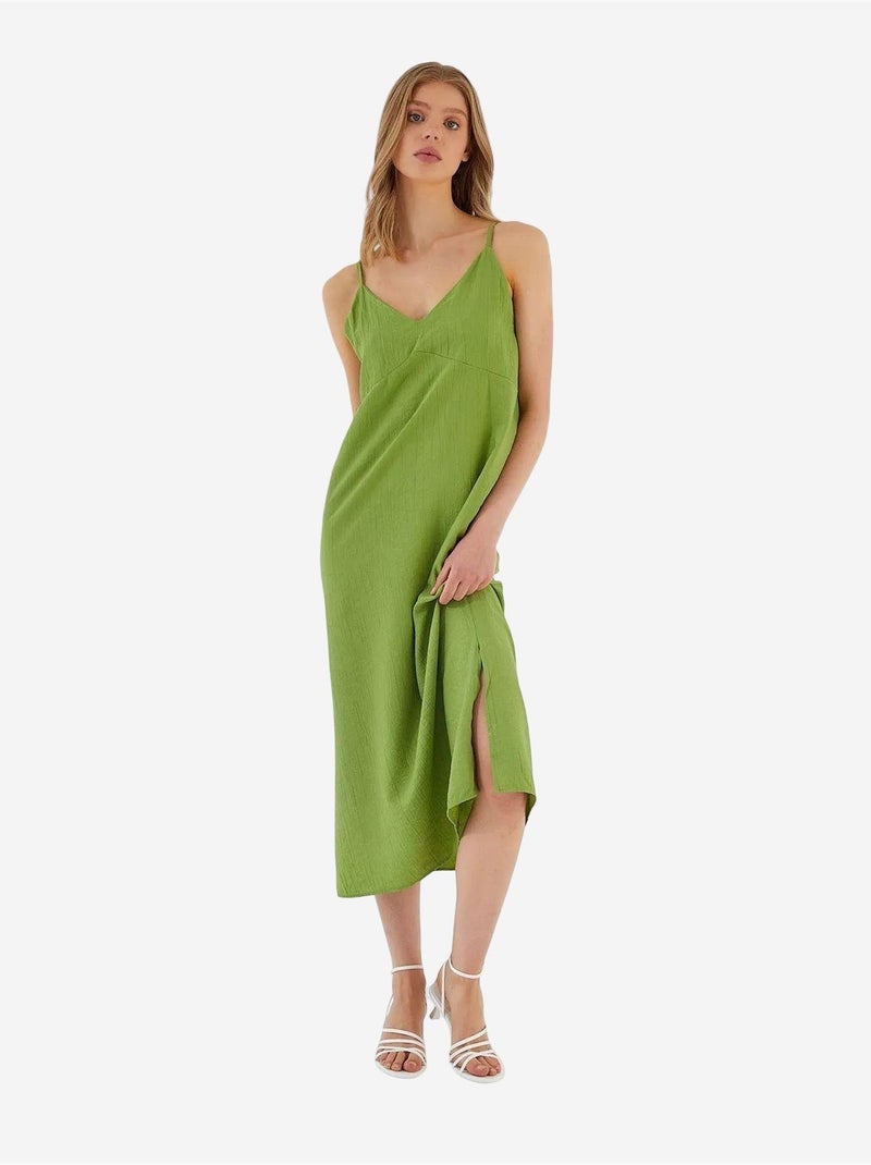 Robe mi-longue à col en v et fente mixray Vert - Kiabi