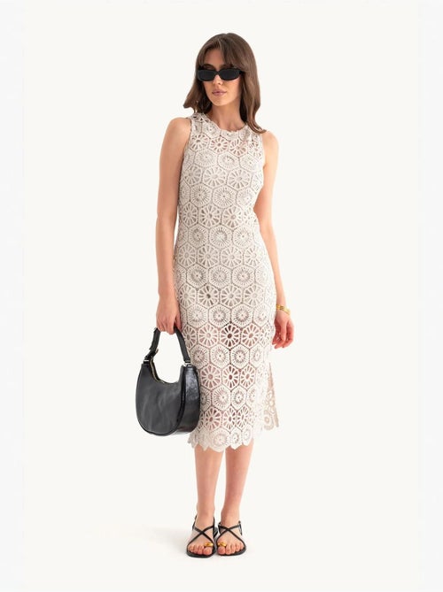 Robe mi-longue à col rond et dentelle au crochet - Kiabi