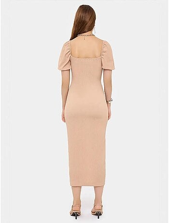 Robe mi-longue à manches bouffantes et col en cœur avec fente latérale