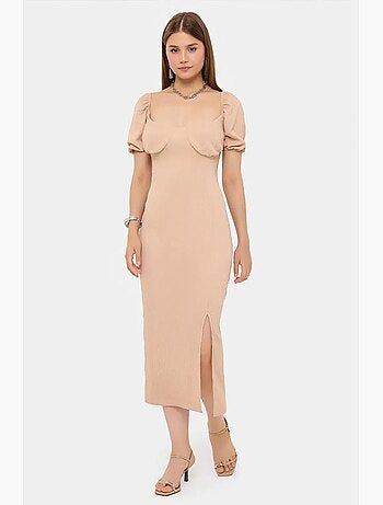 Robe mi-longue à manches bouffantes et col en cœur avec fente latérale hiccup