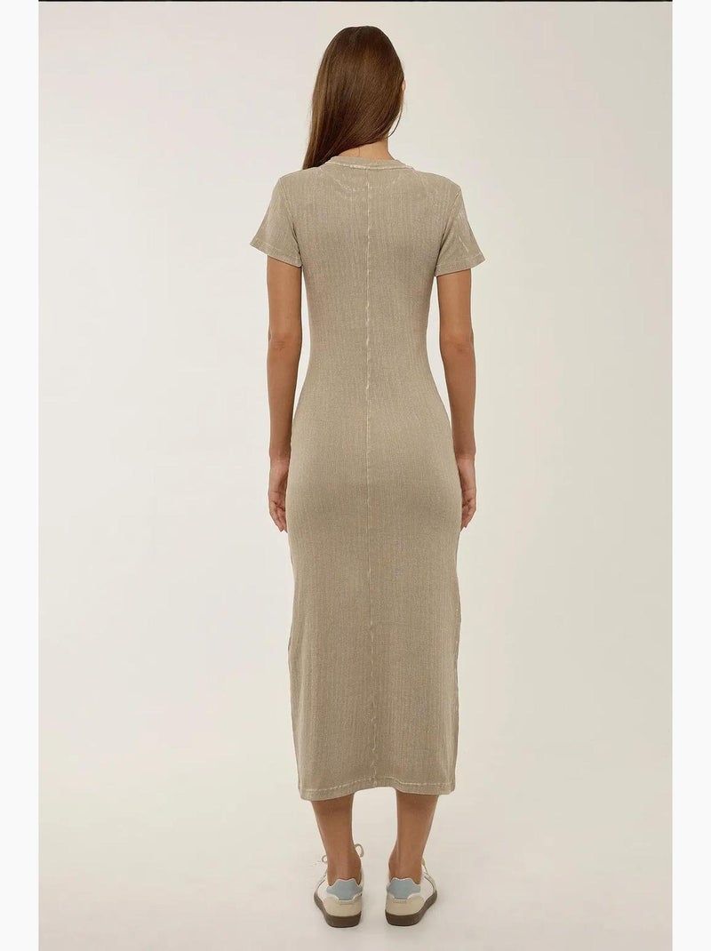 Robe mi-longue à manches courtes et col ras du cou hiccup Beige naturel - Kiabi