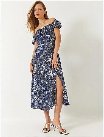 Robe mi-longue à motifs et col noué lucci