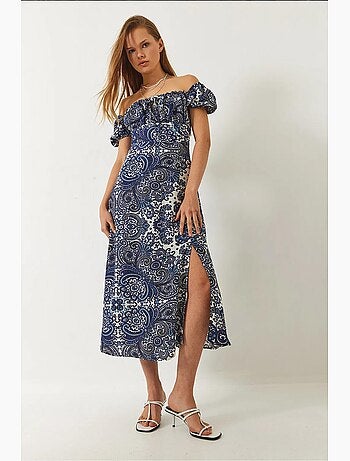 Robe mi-longue à motifs et col noué lucci