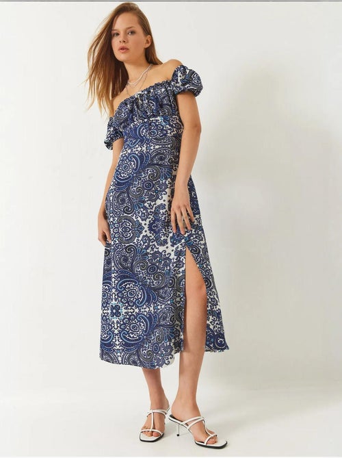 Robe mi-longue à motifs et col noué lucci - Kiabi