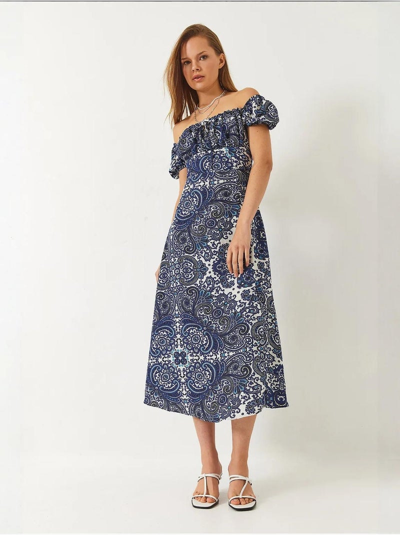 Robe mi-longue à motifs et col noué lucci Bleu clair - Kiabi