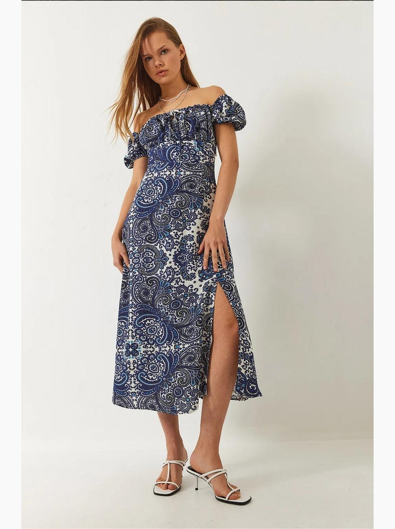Robe mi-longue à motifs et col noué lucci Bleu clair - Kiabi