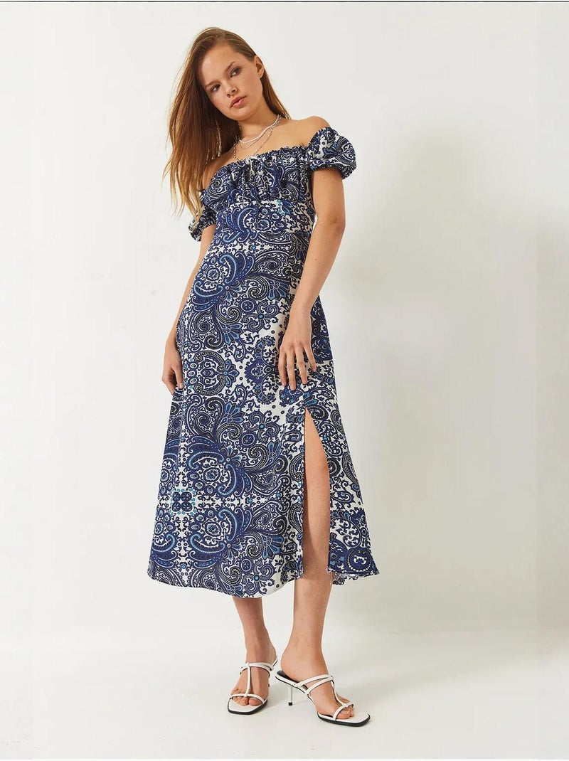 Robe mi-longue à motifs et col noué lucci Bleu clair - Kiabi
