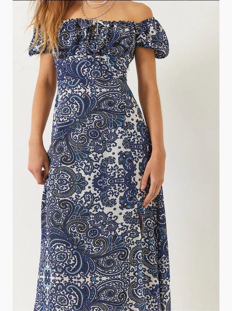 Robe mi-longue à motifs et col noué lucci Bleu clair - Kiabi
