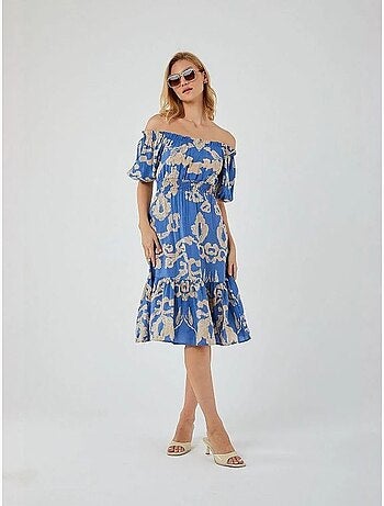 Robe mi-longue à volants et col bateau à fleurs mixray