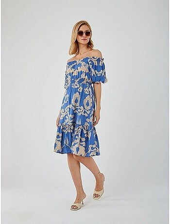 Robe mi-longue à volants et col bateau à fleurs mixray