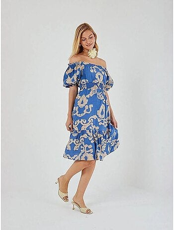 Robe mi-longue à volants et col bateau à fleurs mixray