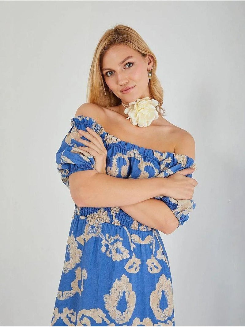 Robe mi-longue à volants et col bateau à fleurs mixray Bleu clair - Kiabi