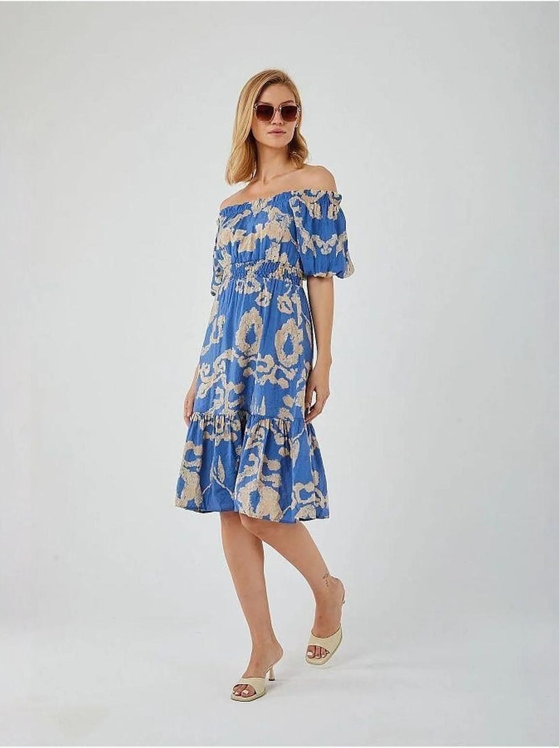 Robe mi-longue à volants et col bateau à fleurs mixray Bleu clair - Kiabi