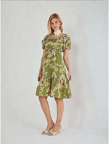Robe mi-longue à volants et col bateau à fleurs mixray
