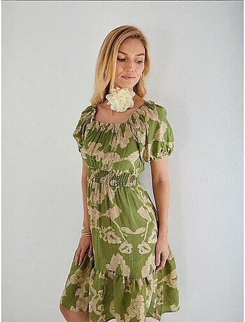 Robe mi-longue à volants et col bateau à fleurs mixray