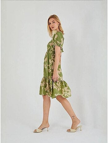 Robe mi-longue à volants et col bateau à fleurs mixray