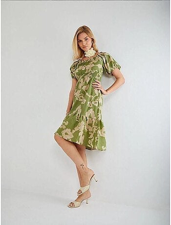 Robe mi-longue à volants et col bateau à fleurs mixray