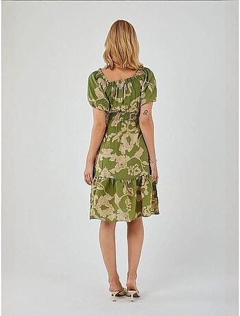 Robe mi-longue à volants et col bateau à fleurs mixray