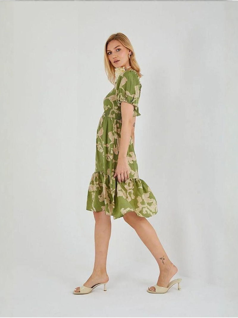 Robe mi-longue à volants et col bateau à fleurs mixray Vert - Kiabi