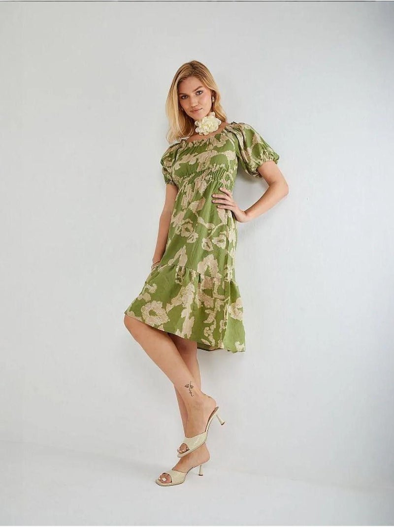 Robe mi-longue à volants et col bateau à fleurs mixray Vert - Kiabi