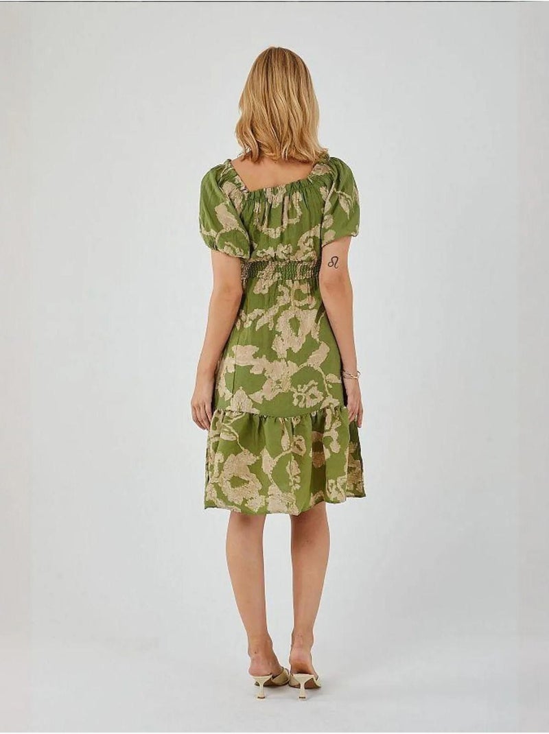 Robe mi-longue à volants et col bateau à fleurs mixray Vert - Kiabi