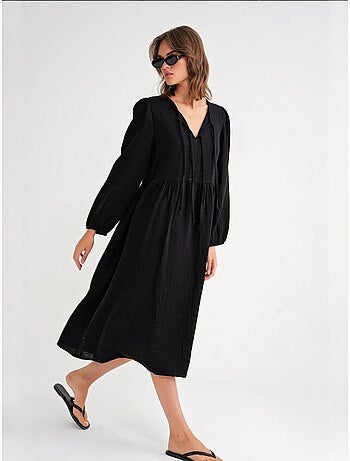 Robe mi-longue ample à col en v et fermeture à nouer mixray