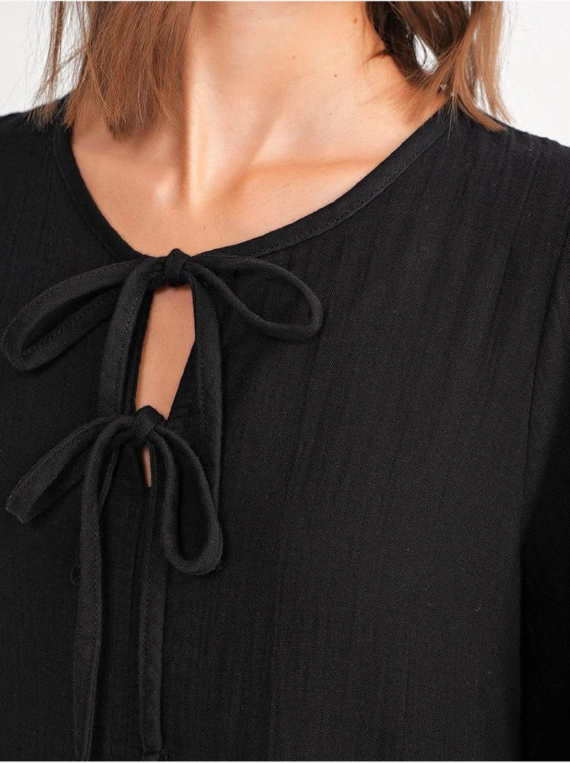 Robe mi-longue ample à col en v et fermeture à nouer mixray Noir - Kiabi