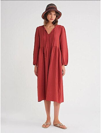 Robe mi-longue ample à col en v et fermeture à nouer mixray